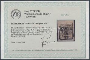 2kr HP I  black, margin blackprint "PESTH" Certificate: Steiner 2kr HP I  fekete, ívszéli ...