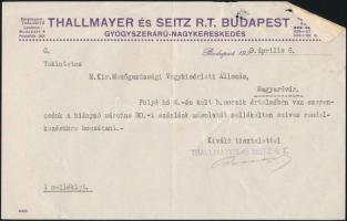 1929 a Thallmayer és Seitz Rt. gyógyszeráru-nagykereskedés hivatalos gépelt levele fejléces papíron