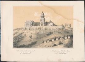 (Pannonhalma). Szent Mártonhegye a16dik században, Szentmártoni zárda 19dik század 2 db Litográfia Szerelmey M: műhelyéből. cca 1850 . 17x13 cm Foltos