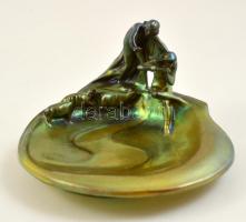 Zsolnay figurális névjegykártyatartó, eozin mázas, restaurált, jelzett, m:9 cm, 14×10 cm
