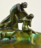 Zsolnay figurális névjegykártyatartó, eozin mázas, restaurált, jelzett, m:9 cm, 14×10 cm