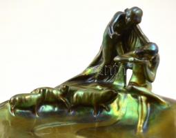 Zsolnay figurális névjegykártyatartó, eozin mázas, restaurált, jelzett, m:9 cm, 14×10 cm