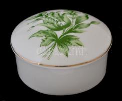 Hollóházi porcelán zöld virágmintás ékszertartó doboz, matricás, jelzett, hibátlan, d: 7 cm, m: 3 cm