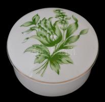 Hollóházi porcelán zöld virágmintás ékszertartó doboz, matricás, jelzett, hibátlan, d: 7 cm, m: 3 cm