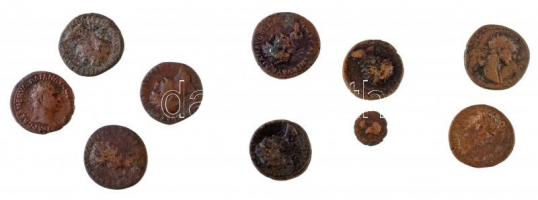 Római Birodalom 10db-os vegyes bronz és rézpénz tétel, közte leginkább Traianus érméi, benne hamis is T:2-,3 Roman Empire 10pcs of various bronze and copper coins, mostly issues of Trajan, with a fake piece C:VF,F