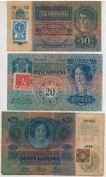 Csehszlovákia 1919. 10K vágott, kék 10h bélyeggel + 1919. 20K piros, fogazott 20h bélyeggel + 50K barna, fogazott 50h bélyeggel T:III,III- Czechoslovakia 1919. 10 Korun with imperforate, blue 10 Halerov stamp + 1919. 20 Korun with red 20 Halerov stamp + 50 Korun with brown 50 Halerov stamp C:F,VG Krause 1.a, 2., 3.