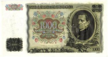 Csehszlovákia 1934. 1000K "SPECIMEN (MINTA)" lyukasztással, nyomdai papírráncokkal T:I 
C...