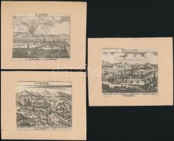 cca 1700 Linz, Villach, Steyer rézmetszetű városképek kartonon / Copper plate images of Austrian cities. 8,5x7,5 cm