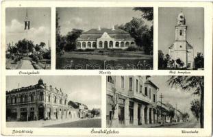 Érmihályfalva, Valea lui Mihai; Országzászló, kastély, járásbíróság, református templom, utca / Hungarian flag, castle, county court, Calvinist church, street