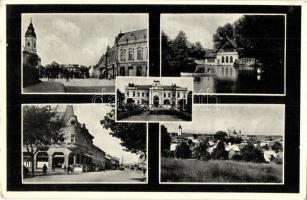 Losonc, Lucenec; utcaképek, csónakázók, látkép a zsinagógával / street views, rowing boats, lake, view with the synagogue + 1938 Losonc visszatért So. Stpl. (EK)