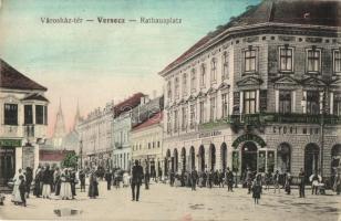 1912 Versec, Vrsac; Városház tér, Győri Mór, G. Florian & Comp. üzlete, Hungaria szálloda, Verseczi Hitelbank. Kiadja Gábor Lajos / square, shops, hotel, bank (EK)
