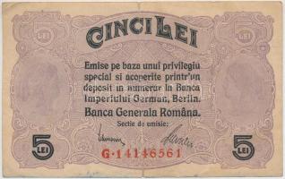 Románia / Német megszállás 1917. 5L rajta román bélyegzés T:III- szakadás Romania / German occupation 1917. 5 Lei with Romanian overprint C:VG tear