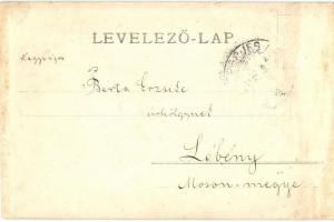 1907 Eperjes, Presov; Kossuth Lajos utca Galambdúcz-ház, két joghallgató diák az ablakban / street v...