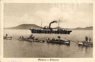 Balaton, Halászat a Balatonon, halászbárkák, gőzhajó (EK)