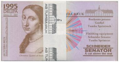 Svédország 1995. ~100db reklám bankjegy az 1995-ben megrendezett Drupa-ról, a svéd bankjegy nyomdát reklámozva, eredeti kötegelővel összefogva T:I- Sweden 1995. ~100pcs of advertising notes from the Drupa in 1995, featuring the Swedish banknote printers, with original banknotes wrapper C:AU