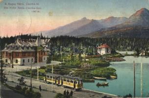 Tátra, Magas Tátra, Vysoké Tatry; Csorba tó, villamos, csónakázók, szálloda, nyaraló / Strbské pleso / lake, tram, rowing boats, hotel, villa (fa)