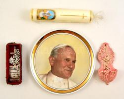 Vallásos tétel: Medugorje gyertya, rózsafüzér, János Pál pápa porcelán tál, szenteltvíztartó, szentföldi ereklye, 5 db