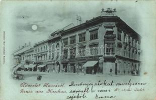 1900 Kassa, Kosice; Fő utca, este, The Gresham, Strausz D. utóda, Jelinek H. és Breitner Mór üzlete. Kiadja Breitner Mór / main street with shops at night (fl)