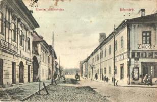 1909 Késmárk, Kezmarok; Erzsébet királyné utca, Freyer vendéglője, Poprádi sörraktár, Zwicker Alfréd és Semiany G. üzlete / street, restaurant, shops, beer storage (EK)