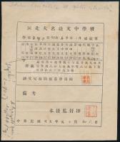 cca 1930 Kínai iskolai értesítő, gyászjelentés, ima, napilap, gyakorlatok / Chinese prints and writings