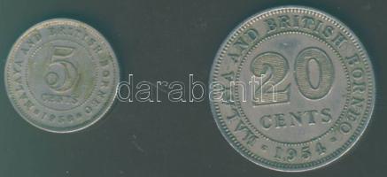 Malaya és Brit Borneo 1954. 20c + 1958. 5c T:2/3,3