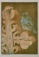 Németh András (1941- ): Kékmadár, színes linómetszet, papír, jelzett, 24×36,5 cm