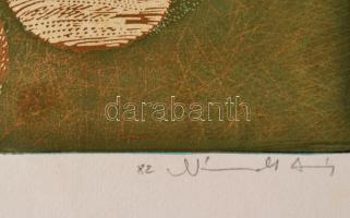 Németh András (1941- ): Kékmadár, színes linómetszet, papír, jelzett, 24×36,5 cm