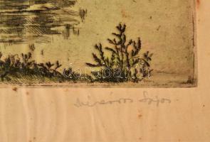 Mészáros Lajos (1925-1971): Folyópart, színezett rézkarc, papír, jelzett, foltos, kissé vetemedett, ...