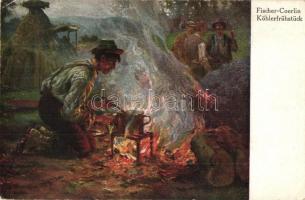 Fischer-Coerlin / Köhlerfrüstück / Gypsy folklore, cooking by the campfire, art postcard (EK)