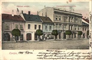 1905 Eperjes, Presov; Fő utca, Pénzügyi igazgatósági palota, Első Eperjesi Temetkezési Hivatal, Vendéglő a Magyar Koronához, Amster Simon és K. Félix üzlete. Divald / main street, restaurant, shops, Financial Directorate Palace, funeral institute