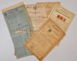 1884-1943 Vegyes okmánybélyeges irat tétel (keresztelési anyakönyvi kivonat, házasságlevél, kamatilletéklerovási ív, iparjegy, tulajdoni lap)