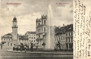 Besztercebánya, Banská Bystrica; IV. Béla király tér, szökőkút, Strelinger Jakab üzlete / square, fountain, shop (EK)