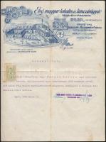 1936 Eger, Első Magyar Lakatos és Lemezárúgyár Rt. munkavállalási bizonyítványa, fejléces papíron, 50 f. bélyeggel.
