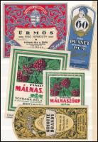 cca 1910-1940 Schrank Béla és Ödön italcímkék, 5 db, közte : Ürmös, Planet Rum, Finom Málnaszörp 2 db, Griotte Brandy, 8x6 cm és 9x10 cm közötti méretben.