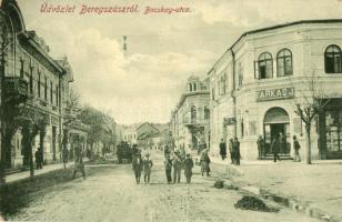 Beregszász, Berehove; Bocsky utca, Farkas J., Fuchs Emil és Jászay Ignácz üzlete. W.L. Bp. 6054./ street view, shops (EB)