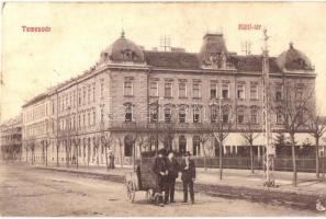 1908 Temesvár, Timisoara; Küttl tér, Kőbányai Dreher Sörcsarnok, Elite Kávéház / square, beer hall, cafe