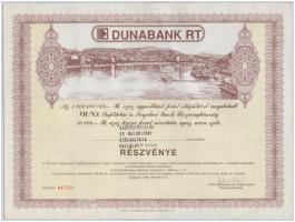 1989. Dunabank Rt. részvénye 10.000Ft-ról, bélyegzéssekkel, szelvényekkel T:II