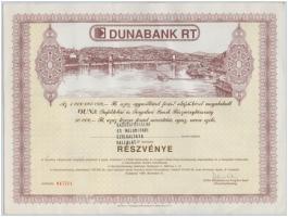 1989. "Dunabank Rt." részvénye 10.000Ft-ról, bélyegzéssekkel, szelvényekkel T:II