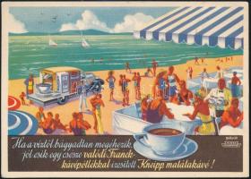 cca 1920-1940 Gönczi-Gebhardt Tibor (1902-1994): Franck Henrik Fiai Rt. kávé reklámos képeslapja, Balatonos motívummal, 10x15 cm