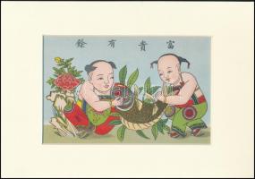 cca 1911 Fou Koei yeou yu, kínai színezett litográfia, modern paszpartuban, körbevágott, 12x19 cm