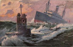 Durch Unterseeboot torped Dampfer. Münchener Künstlerkarte No. 12. / WWI German submarine sinks a steamship s: Willy Moralt + 1917 K.u.K. Zensurstelle Laibach (EK)
