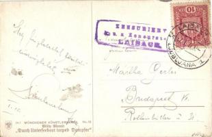 Durch Unterseeboot torped Dampfer. Münchener Künstlerkarte No. 12. / WWI German submarine sinks a  s...