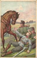 1917 Búcsúkártya a Veres Kereszt javára / WWI K.u.K. military art postcard, litho + TÁBORI POSTA 422 M.KIR. 14. HONVÉD GYALOGEZRED LEVÉLBÉLYEGZŐJE (EB)