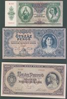 1930-45. 100P T:II+ Csak egyszer hajtva, törve nem! + 1936. 10P T:I + 1945. 100P T:I + 500P T:I + 10.000P bélyeggel T:I Összesen 5db!