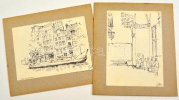 Hoch István (1907-1967): Amszterdami vázlatok ( 2 db). Toll, papír, 18×13 cm és 13×18 cm