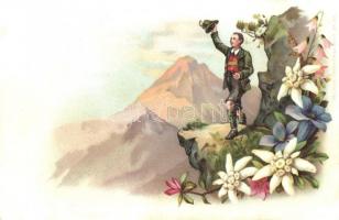 2 db RÉGI képeslap; Tátra, kiránduló litho művészlap / 2 pre-1945 postcards: Tatry,  hiker litho art...