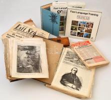 Régi újságok az 1870-es évekből, régi dokumentumok (sérültekkel) 3 kötetes francia nyelvkönyv, kazettákkal