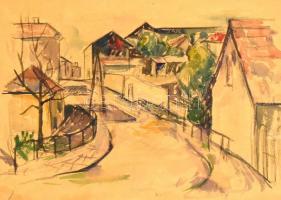 Urbán György (1936-2011): Utca részlet. Akvarell, papír, jelzés nélkül, üvegezett keretben, 29×40 cm