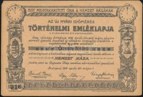 1916. "Az új nyári időmérés történelmi emléklapja" adomány a "Nemzet Háza" javára 50f értékben, sorszámozott, 15x10 cm