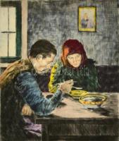 Glatz Oszkár (1872-1958) - Prihoda István (1891- 1965): Ebédelők. Színezett rézkarc, papír, jelzett, üvegezett keretben, 24×19 cm